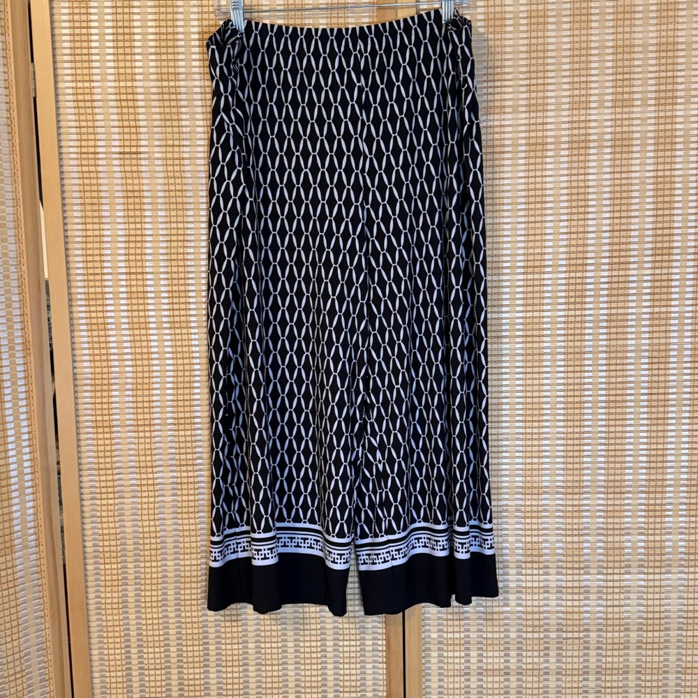 Womens Black White Geometric Chain Print Wide Leg Palazzo Pants XL Boho Office